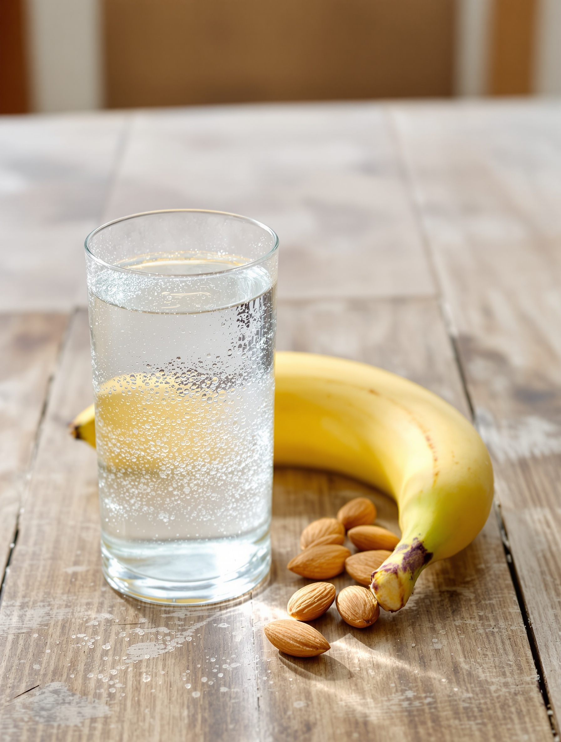 Verre d'eau fraîche avec amandes et banane sur table en bois symbolisant hydratation et minéraux