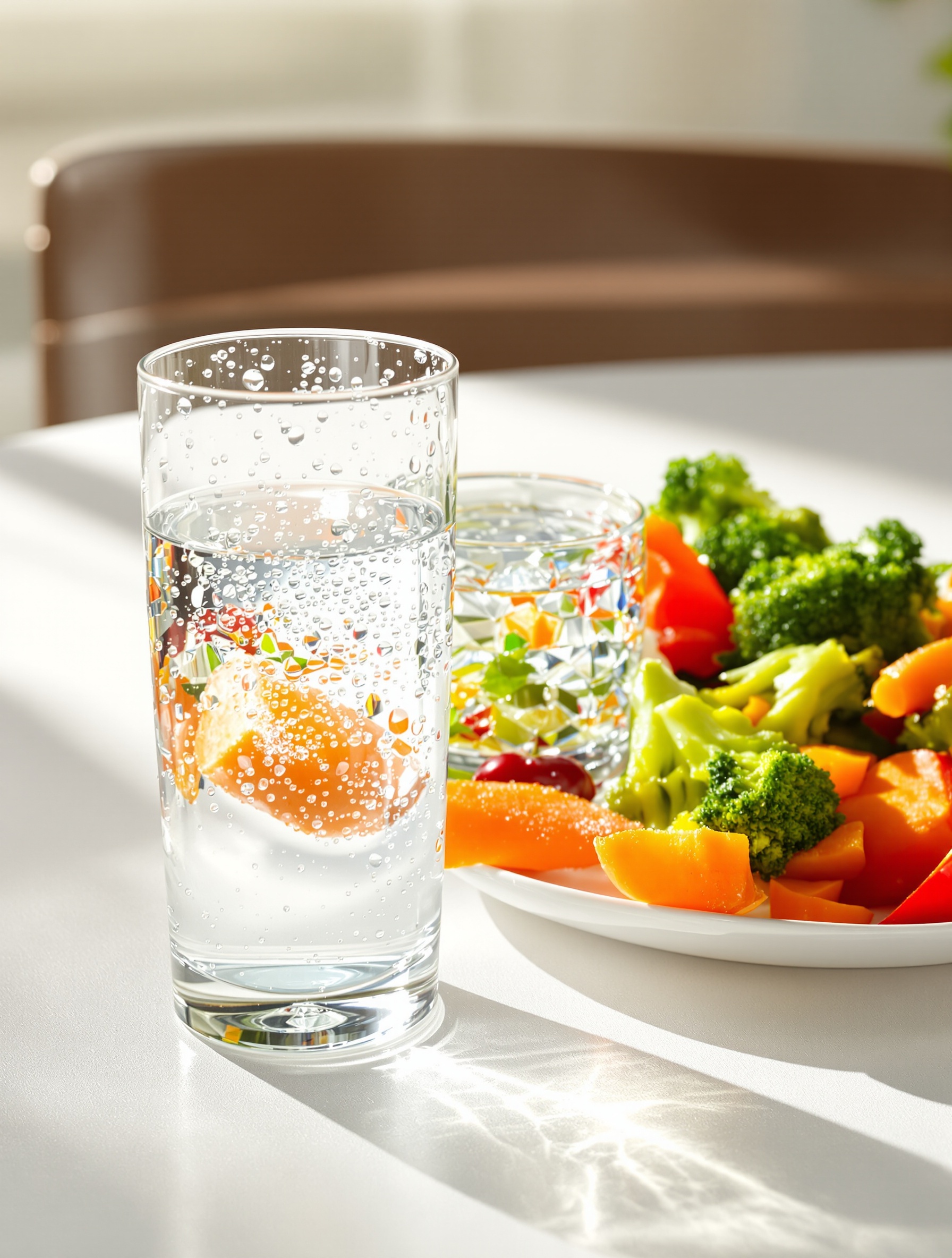 Prévention santé urinaire : verre d'eau pur et légumes frais