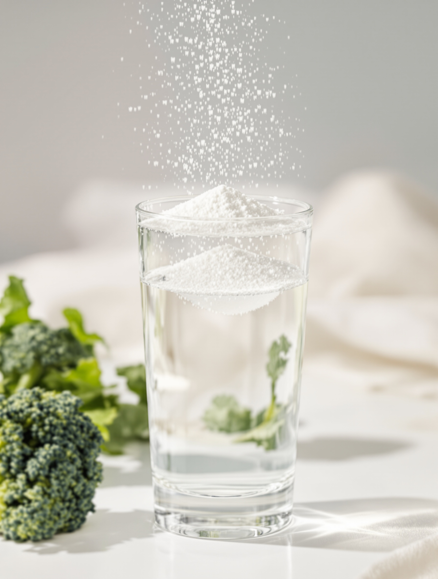 Verre d'eau avec poudre d'OptiFibre dissoute, texture limpide et légumes verts en arrière-plan