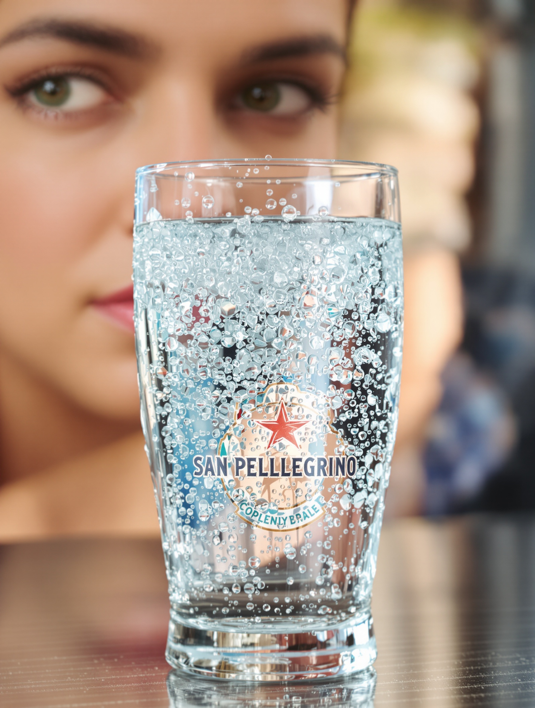 Un verre de San Pellegrino pétillante, visage interrogatif, bulles
