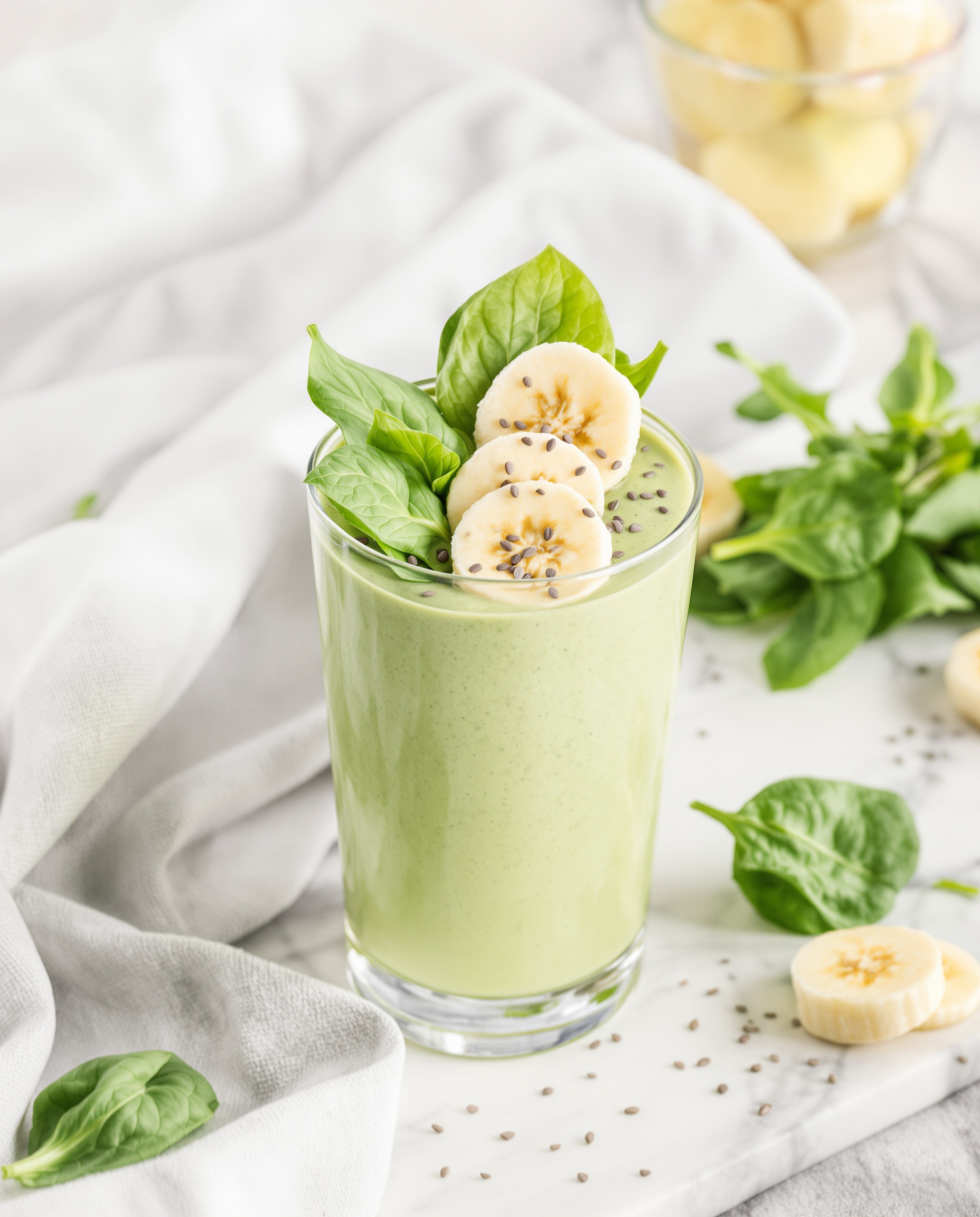 Smoothie énergétique vert clair banane épinards chia