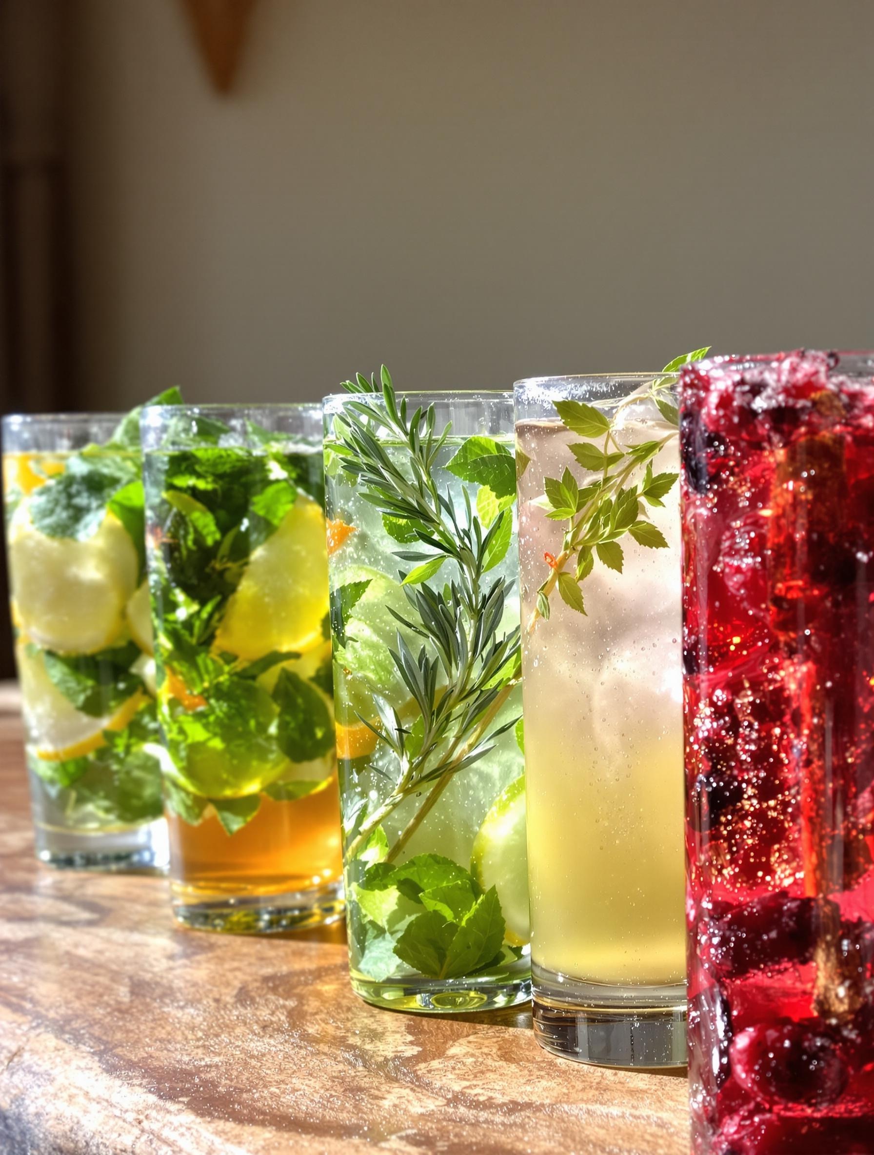 Verres alignés avec cinq boissons détox colorées : eau tiède citron-gingembre-miel, jus vert épinard-concombre-pomme, infusion froide romarin-pamplemousse-menthe, smoothie ananas-chia-thé vert et eau infusée fruits rouges-cannelle.