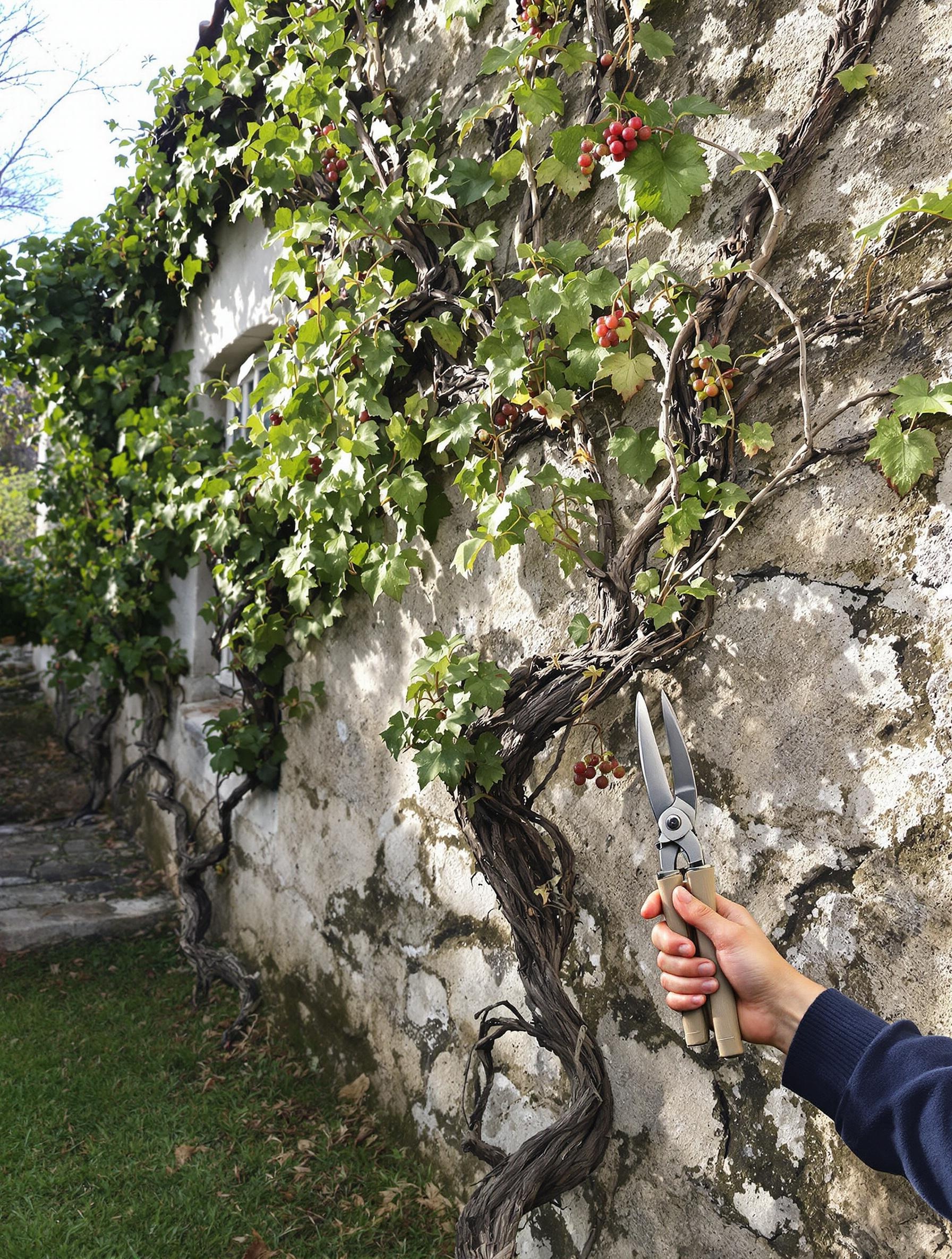 Vigne taillée devant maison ancienne