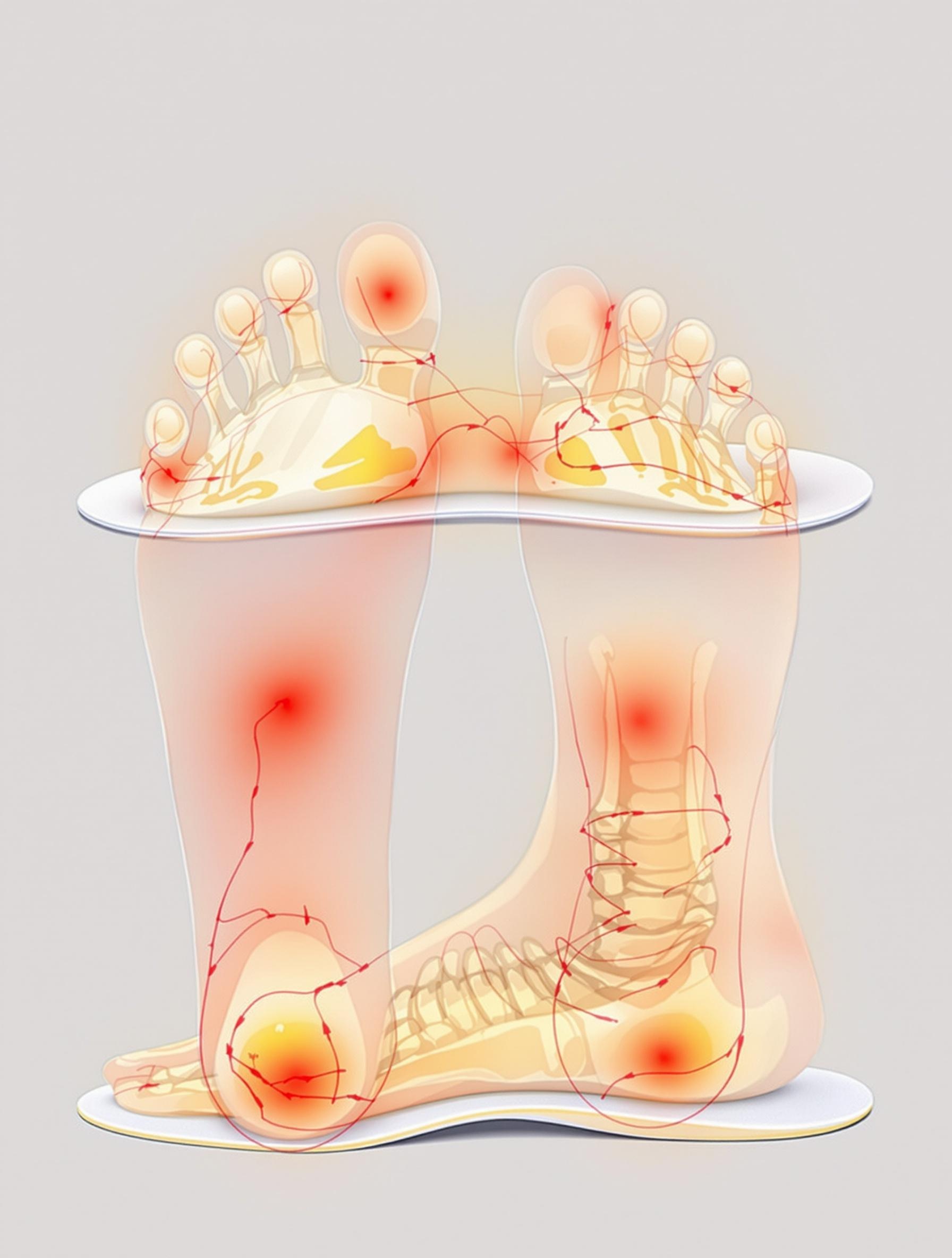 Vue dorsale et plantaire du pied posé sur une semelle orthopédique, zones irritées et courbaturées en surbrillance rouge